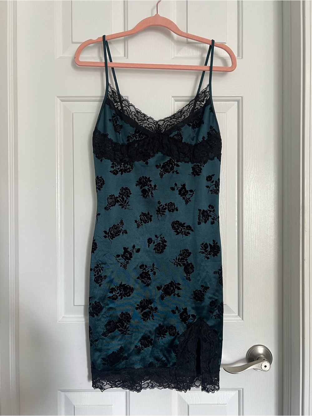 Motel Rocks teal stretchy slip dress with black lace trim and flower details